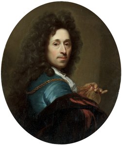 Portret van de kunstenaar in een blauwe jas en bruine fluwelen cape, met een medaillon van de keurvorst Palts, Johann Wilhelm