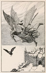 De reisgenoot vloog achter haar aan, uit Sprookjes van Hans Anderson, pub 1919 door Gordon Browne