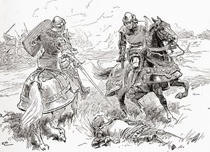 Een scène uit William Shakespeares toneelstuk Henry IV, Deel 1, Act V, Scene 3, Graaf van Douglas: Alles is gedaan, alles is gewonnen, hier ligt de koning ademloos, uit De Werken van William Shakespeare, gepubliceerd 1896 door Gordon Frederick Browne