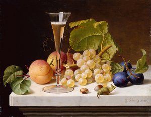 Druiven, Perziken, Pruimen, Noten en een Glas Champagne op een Marmeren Rand door Gottfried Schultz