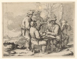 Vijf boeren aan tafel in de buitenlucht (Landelijke gezelligheid) door Gottlieb Friedrich Riedel