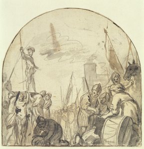 Brinio wordt door zijn krijgers op zijn schild gehesen door Govaert Flinck