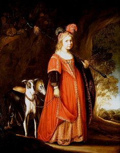Portret van een jong meisje als Diana, in een open plek met twee windhonden