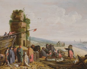 Vissers op het strand met hun vangst