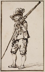 Een staande soldaat met een musket over de schouder