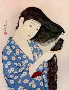 Een Japanse vrouw die haar haar kamt, 1920-1930 door Goyo Hashiguchi