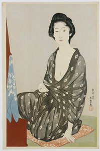 Een Schoonheid in een Zwarte Kimono met Witte Hanabishi Patronen, Zittend voor een Spiegel, 1920 door Goyo Hashiguchi