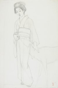 Tekening van een Vrouw die een Hert Aait door Goyo Hashiguchi
