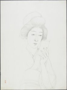 Tekening van een Vrouw die een Spiegel Vasthoudt door Goyo Hashiguchi