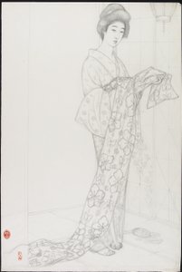 Voorbereidende tekening voor vrouw in kimono-ondergoed door Goyo Hashiguchi