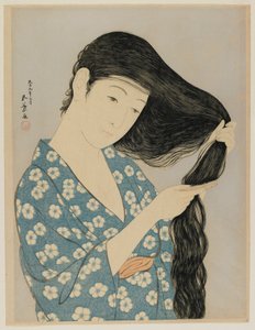 Vrouw die haar haar kamt, Taisho-periode, maart 1920 (kleur houtsnede) door Goyo Hashiguchi