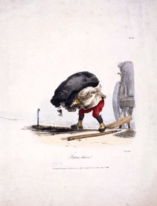 Uitzicht op een kolenman die een zware zak kolen uit zijn kar haalt