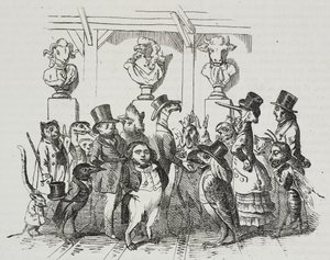 Uitgang van theater, karikatuur door Jean-Jacques Grandville, lithografie door Giovanni Mariani uit Poliorama Pittoresco, nr. 39, 7 mei door Grandville