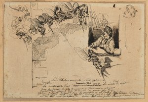 Le Choléramouche (grafiet, pen  bruine inkt op papier) door Grandville (1803-47)