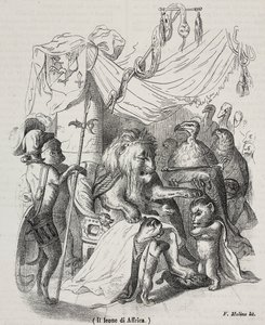 Leeuw van Afrika, karakter uit verhaal van Afrikaanse Leeuw en drie jonge leeuwen, lithografie door Filippo Molino naar tekening van Jean-Jacques Grandville door Grandville