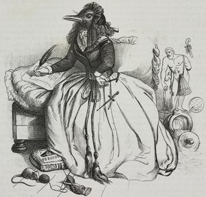 Geleerde vrouw, karikatuur door Jean-Jacques Grandville (1803-1847), lithografie door Giovanni Mariani uit Poliorama Pittoresco, nr. 18, 11 december door Grandville