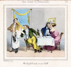 De levende kaart van de restaurateur: Een modebiefstuk en een kwartel door Grandville