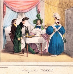 De levende kaart van de restaurateur: Augurk voor twee, koude kip 1831-32 (lithografie) door Grandville