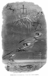 Een scène gedroomd door cartoonist Grandville tijdens een nachtmerrie die net aan zijn dood voorafging. Georges Bataille schreef over deze gravure: de crimineel droomt dat hij net een man heeft geslagen in een donker bos.. Menselijk bloed werd verspreid en