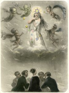 Allegorie van een jonge vrouw omringd door 4 zuchters, die zichzelf vergelijkt met een planeet waar vier satellieten omheen draaien, waarvan er één haar zon zal worden. Grandville gravure ter illustratie van een hoofdstuk in Mery