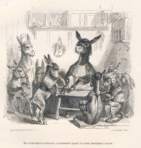 Ezels op school. Vignetten geïllustreerd door JJ Granville. Gravure gesigneerd Caque in het deel "Gids-ezel voor dieren die eer willen bereiken" geschreven door Honoré De Balzac in "Scènes uit het privé- en openbare leven van dieren". Parijs