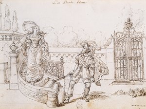 Blauwbaard, illustratie voor sprookje van Charles Perrault (1628-1703), gravure door Grandville (1803-1847) door Grandville