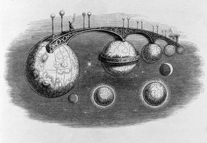 Brug die verschillende planeten met elkaar verbindt - gravure door Grandville