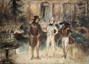 Karikatuur van Honore de Balzac, Frederick Lemaitre en Theophile Gautier door Gerard Granville