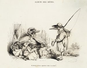 Karikatuur van vogels uit Album des betes door Jean-Ignace-Isidore Gerard, bekend onder pseudoniem Jean-Jacques of J. J. Grandville, en Wilhelm von Kaulbach, Parijs