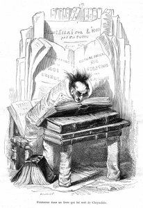 Cartoon: Chrysalid van een geleerde begraven in de boeken van een bibliotheek - Grandville gravure, uit het boek Privé en Openbaar Leven van Dieren (Les animaux geschilderd door hen zelf), Hetzel editie 1867 p. 563 - Hoofdstuk getiteld Tabletten van de G door Grandville (1803 47)