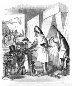 Cartoon: Vissen - dokters: Grandville gravure, uit het boek “Privé en openbaar leven van dieren (Les animaux peints par eux-mêmes)”, Hetzel editie 1867 p. 551 - Een haai en een zaagvis (Viszaag) aan het bed van een zieke in bed.