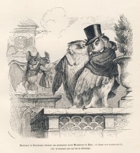 Vleermuis die luistert naar een uil en een oehoe die zingen. Vignetten geïllustreerd door JJ Granville. Gravure gesigneerd Breviere in het deel 