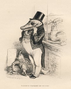 Krokodil gekleed als een dandy met een dikke buik. Vignetten geïllustreerd door JJ Granville. Gravure gesigneerd Breviere in het deel "Herinneringen van een krokodil" geschreven door Emile de La Bedolliere in "Scènes uit het privé- en openbare leven van di