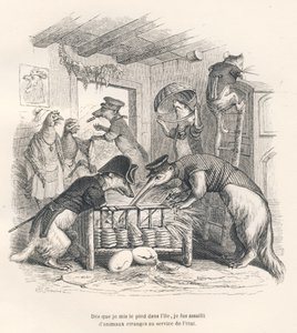 Zodra ik voet op het eiland zette, werd ik aangevallen door vreemde dieren in dienst van de staat. Vignetten geïllustreerd door JJ Granville. Gravure gesigneerd Porret in het deel 