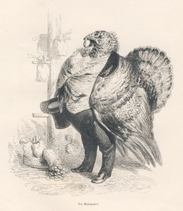 Kalkoen als bankier. Geïllustreerde vignetten door JJ Granville. Gravure gesigneerd Tamisier in het deel "Herinneringen van een oude kraai" geschreven door PJ Stahl in "Scènes uit het privé- en openbare leven van dieren". Parijs, J. Hetzel en Paulin door Grandville