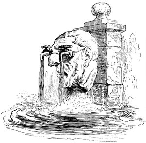 Fontein met het fronton van een menselijk hoofd: de bril van de man zijn kranen waaruit water stroomt. Detail van een gravure door Grandville (Jean Ignace Isidore Gerard)