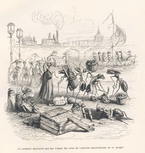 Mieren druk bezig aan de oevers van de Seine. Geïllustreerde vignetten door JJ Granville. Gravure gesigneerd door Porret in het deel getiteld "Reis van een mus uit Parijs" geschreven door George Sand in "Scènes uit het privé- en openbare leven van dieren". door Grandville