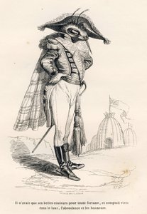 Hij had alleen zijn mooie kleuren als enige fortuin en rekende erop in luxe, overvloed en eer te leven. Vignetten geïllustreerd door JJ Granville. Gravure gesigneerd Andrew, Best en Leloir in het deel "Reis van een mus uit Parijs" geschreven door door Grandville