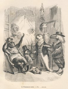 De luiaard geeuwde terwijl hij wachtte. Geïllustreerde vignetten door JJ Granville. Gravure gesigneerd Godard in het deel "De dierenartsen" geschreven door Pierre Bernard in "Scènes uit het privé- en openbare leven van dieren". Parijs, J. Hetzel en Paulin door Grandville