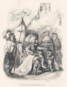 De jonge leeuwen ontvangen de zegen van de leeuwenkoning. Geïllustreerde vignetten door JJ Granville. Gravure gesigneerd door Breviere in het deel getiteld "Reis van een leeuw uit Afrika naar Parijs" geschreven door Honoré de Balzac in "Scènes uit het priv door Grandville