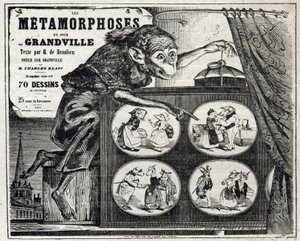 Literatuur. De dagelijkse metamorfose, door de karikaturist Jean Jacques Grandville. Poster, Frankrijk door Grandville