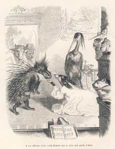 Opera met op het podium een stekelvarken, een hond en een reiger. Geïllustreerde vignetten door JJ Granville. Gravure gesigneerd Godard in het deel "De eerste feuilleton van Pistolet" geschreven door Jules Janin in "Scènes uit het privé- en openbare leven 