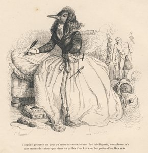 Ekster schrijft met een veer en houdt een sigaret in de andere hand. Vignetten geïllustreerd door JJ Granville. Gravure gesigneerd door Andrew, Best en Leloir in het deel 