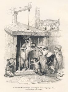 Val: Kat die muizen bespiedt die komen huilen om degene die gevangen is genomen. Vignetten geïllustreerd door JJ Granville. Gravure gesigneerd Andrew, Best en Leloir in het deel "De filosoof rat" geschreven door Edouard Lemoine in "Scènes uit het privé- en