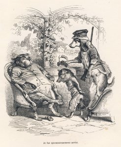 Vos gearresteerd door een hond. Geïllustreerde vignetten door JJ Granville. Gravure gesigneerd door Godard in het deel getiteld "Een vos gevangen in de val" geschreven door Charles Nodier in "Scènes uit het privé- en openbare leven van dieren". Parijs, J.  door Grandville