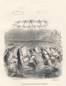 Ronde van waterdieren en libellen. Vignetten geïllustreerd door JJ Granville. Gravure gesigneerd Andrew, Best en Leloir in het deel getiteld "Herinneringen van een oude kraai" geschreven door PJ Stahl in "Scènes uit het privé- en openbare leven van dieren" door Grandville