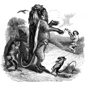De leeuw en de rat: La Fontaine fabel geïllustreerd door Grandville