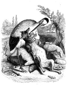 De wolf en de ooievaar: La Fontaine fabel geïllustreerd door Grandville. Editie Garnier 1860. De ooievaar wordt voorgesteld als een dokter (verkeerde beloningen voor zijn toewijding!)