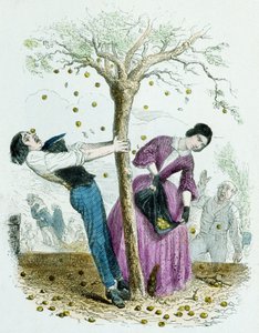 Er is geen kwaad in te veel hebben, uit 100 Spreekwoorden door Grandville (1803 47)