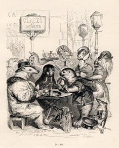 Een café bezocht door dieren van alle soorten. Vignetten geïllustreerd door JJ Granville. Gravure gesigneerd Godard in het deel 